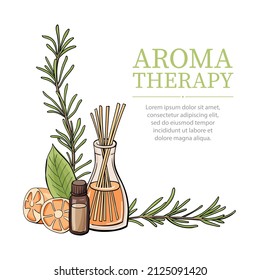 Composition with aromatherapy accessories with essential oil. Reed sticks, essential oil, rosemary twigs and tea leaf. Good for spa, beauty salon designs. Vector illustration on white background