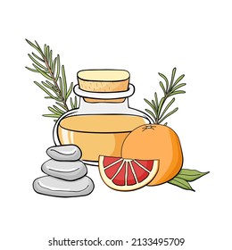 Composition with aromatherapy accessories with essential oil. Glass bottle, lemon, spa stones and grapefruit. Good for spa, beauty salon, cosmetics designs. Vector