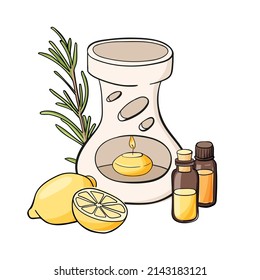 Composition with aromatherapy accessories with essential oil. Aroma lamp, essential oils, lemon and rosemary twig. Good for spa, beauty salon designs. Vector illustration