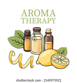 Composition with aromatherapy accessories with essential oil. Glass bottles or viales, lemon and mint leaves. Good for spa, beauty salon designs. Vector illustration on