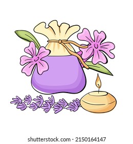 Composition with aromatherapy accessories with essential oil. Aroma candle, flowers, textile sachet bag and lavender twigs. Good for spa, beauty salon designs. Vector