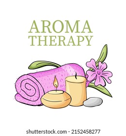Composición con accesorios de aromaterapia con aceite esencial. Toalla doblada rosada, velas aromas y flor rosa. Buena relación calidad-precio para el spa y el salón de belleza. Vector