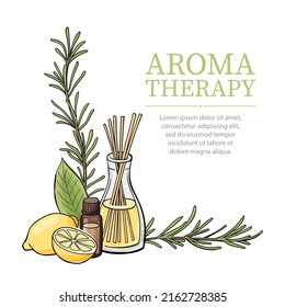 Composition with aromatherapy accessories with essential oil. Reed sticks, essential oil, lemon and rosemary twigs. Good for spa, beauty salon designs. Vector