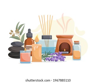 Composition with aromatherapy accessories with essential oils. Aroma lamp, diffuser, essential oil, stones and aromatic flowers. Vector illustration on white background.