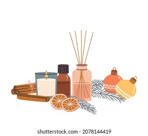 Composición con accesorios de aromaterapia con aceites esenciales. Velas, difusor, aceite esencial, rodajas anaranjadas secas y canela, bolas de navidad. Ilustración de navidad de invierno vectorial sobre el fondo blanco