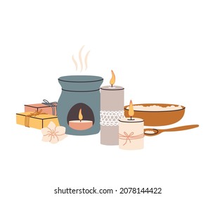 Composition with aromatherapy accessories with essential oils. Candles, aroma lamp, natural soap, sea ​​salt, aromatic flower. Vector illustration on white background.