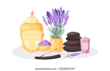 Composition with aromatherapy accessories with essential oils. Candle Buddha, salt, stones and lavender. Vector illustration on white background.