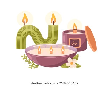 Composição de velas de soja queimadas aromáticas. Em um copo e tigela com pavios de madeira e curvado. Aromaterapia, relaxamento. Pequena empresa, feita à mão. Ilustração de vetor plana desenhada à mão.