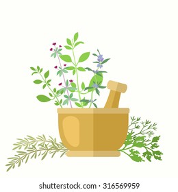 Composition with aromatic herbs and mortar. Dill, basil, oregano, hyssop, parsley, savory and rosemary for cooking or herbal medicine theme. Copy space. Vector file is EPS8.