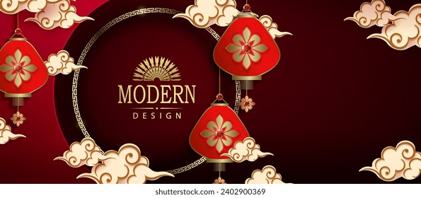 Composition with Asian lanterns and clouds in paper art style, round gold frame.