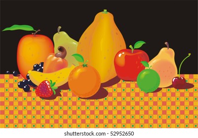 Composition with assorted fruits on black background. No gradient vector. Very easy to change colors and composition.
