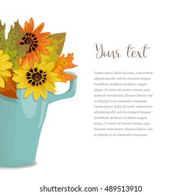 Composition an autumn bouquet of yellow, orange leaves and flowers in cup and surface card on white background , vector illustration