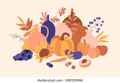 Composition with autumn fruits, vegetables, leaves, berries. Harvest festival, farm, agriculture concept. Kitchen still life, wall art, restaurant, supermarket flat style design. Grocery store.
