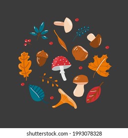 Composition of autumn leaves, berries, mushrooms and nuts. Vector flat collection in warm colors, isolated on a dark background.