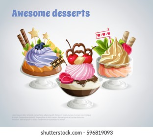 Composition with awesome desserts in glass bowls decorated nuts berries and candies on grey background vector illustration