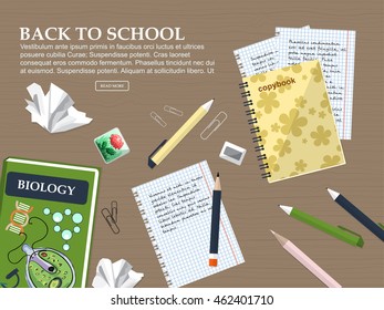 Composition back to school with schoolbook, exercise books and stationery. Vector illustration