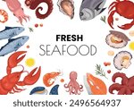 Composition background seafood. Shrimps or crabs, different fish. Culinary delicacies ingredients. Seafood