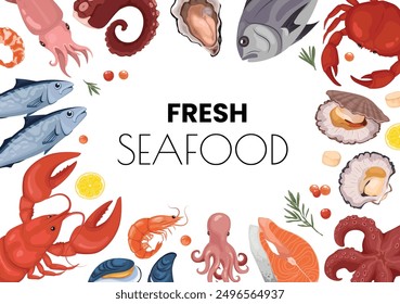 Composition background seafood. Shrimps or crabs, different fish. Culinary delicacies ingredients. Seafood