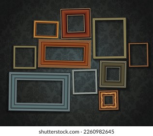 Composition of baguette frames on the wall. Detailed illustration.