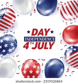 Composition of balloons with prints of the US flag, Independence Day 4 July. Holiday postcard.