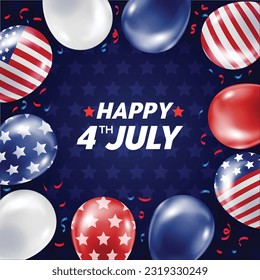 Composition of balloons with prints of the US flag, Independence Day 4 July. Holiday postcard.