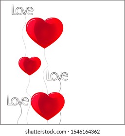Composition of balloons in the shape of a heart and Balloons in the shape of the word "love". Red volumetric heart. Vector. May be suitable for holiday decoration, greeting cards.