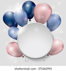 The composition of the balls on a white background with a place for an inscription. Festive banner. Card. Blue and pink balloons.