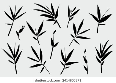 Composition of bamboo leaves in design. Vector romantic landscape with bamboo trees on white and gray background. To create an exclusive design.