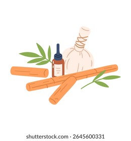 Composición de palillos de masaje de bambú, botella de aceite esencial y compresa herbal. Ilustración vectorial dibujada a mano para la marca de bienestar, el empaque de aromaterapia y el diseño del menú de spa.