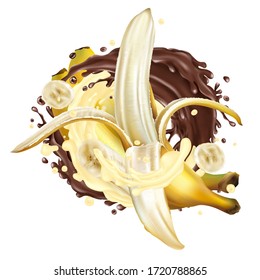 Composition of bananas with chocolate and milk splash.