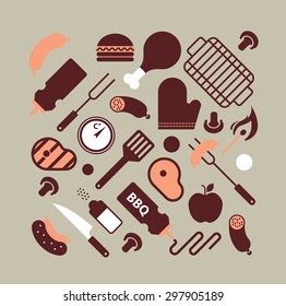 Composition with bbq and grill silhouettes in shape of square.