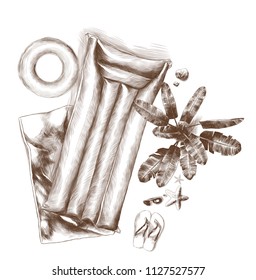 composition of beach accessories top view on the sand lie glasses shale seashells towel inflatable mattress and circle growing palm tree, sketch vector graphics monochrome illustration