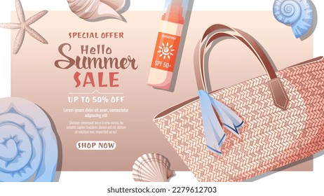 Komposition mit Strandtasche, Sonnencreme, Handtuch und Muscheln auf dem Sand. Strandbad, Sommerzeit, Urlaub. Sommerverkaufsvorlage, Rabattbanner. Vektorhintergrund