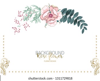 Composition of beautiful pink rose and flowering branch of wormwood, green tropical leaves on white. Vector floral background or greeting card