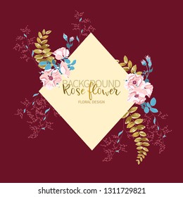 Composition of beautiful pink rose and gold tropical leaves with frame for text on burgundy color. Vector floral background or greeting card