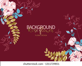Composition of beautiful pink rose and gold tropical leaves on burgundy color. Vector floral background or greeting card