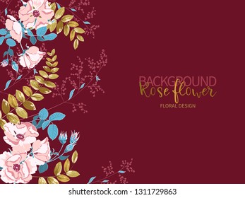 Composition of beautiful pink rose and gold tropical leaves on burgundy color. Vector floral background or greeting card