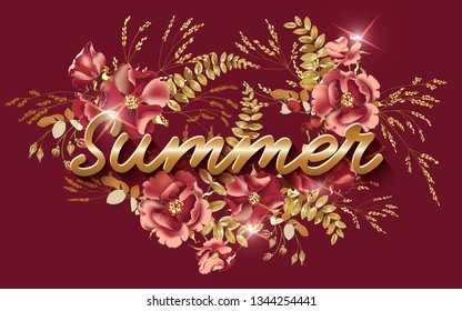 Composition of beautiful red rose and gold tropical leaves on burgundy color. Vector floral summer background or greeting card, banner