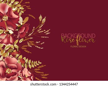 Composition of beautiful red rose and gold tropical leaves on burgundy color. Vector floral background or greeting card