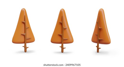 Composition with beautiful trees with leaves in triangular form. Autumn forest concept. Fall season, collection with trees in orange colors. Vector illustration in 3d style