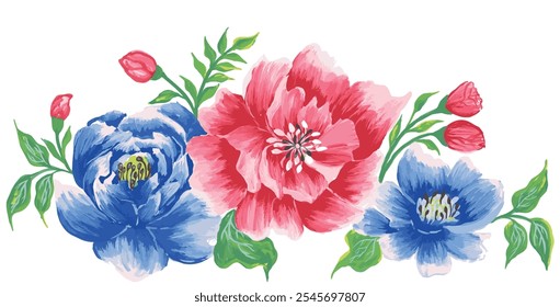 Composición con hermosas peonías de acuarela y hojas tropicales. manojo de flores botánicas y brotes. conjunto de peonía de acuarela azul y roja. arreglos florales decorativos. Ilustración vectorial de flores