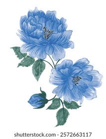 composition with beautiful watercolor peonies and tropical leaves. bunch of botanical flowers and buds. set of blue watercolor peony. decorative flower arrangements. flower vector illustration