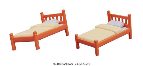 Komposition mit Bett in verschiedenen Positionen. Möbel mit Matratze, Kissen und Decken für komfortables Schlafen. Vektorgrafik im 3D-Stil mit weißem Hintergrund