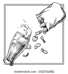 Composition From a Beer Glass with a foam splash and Snacks, chips that poured from an open package from the top. Hand drawn sketch, template for the menu of restaurant, pub, bar. Isolated vector