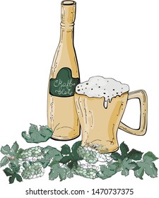 Composition with beer mug, bottle and hop lives and bloom in green and gold. Isolated on white for culinary design.