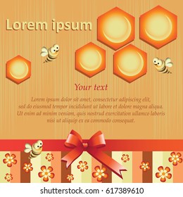 Composition of bees and honeycombs.  Background with stripes and hexagons, a stylized cartoon bees, flowers and a satin ribbon bow. Design for the decoration of products from honey, children's goods.