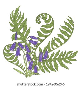 composition of bell flowers with fern leaves, forest grasses and flowers on a white background vector illustration