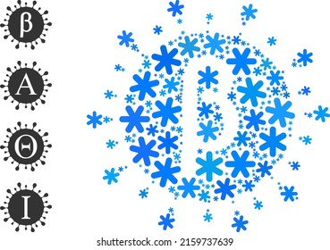 Composition Beta covid virus icon is combined for winter, New Year, Christmas. Beta covid virus icon mosaic is composed of light blue snow icons. Some bonus icons are added.