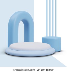 Composition with big blue arch, cylinder stand, and round stage