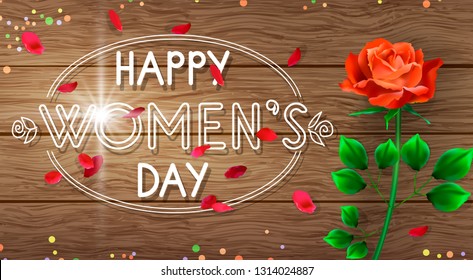 Composition with a big red rose and little leaves with an inscription on a wooden background. Beautiful greeting card or banner for Women's Day.